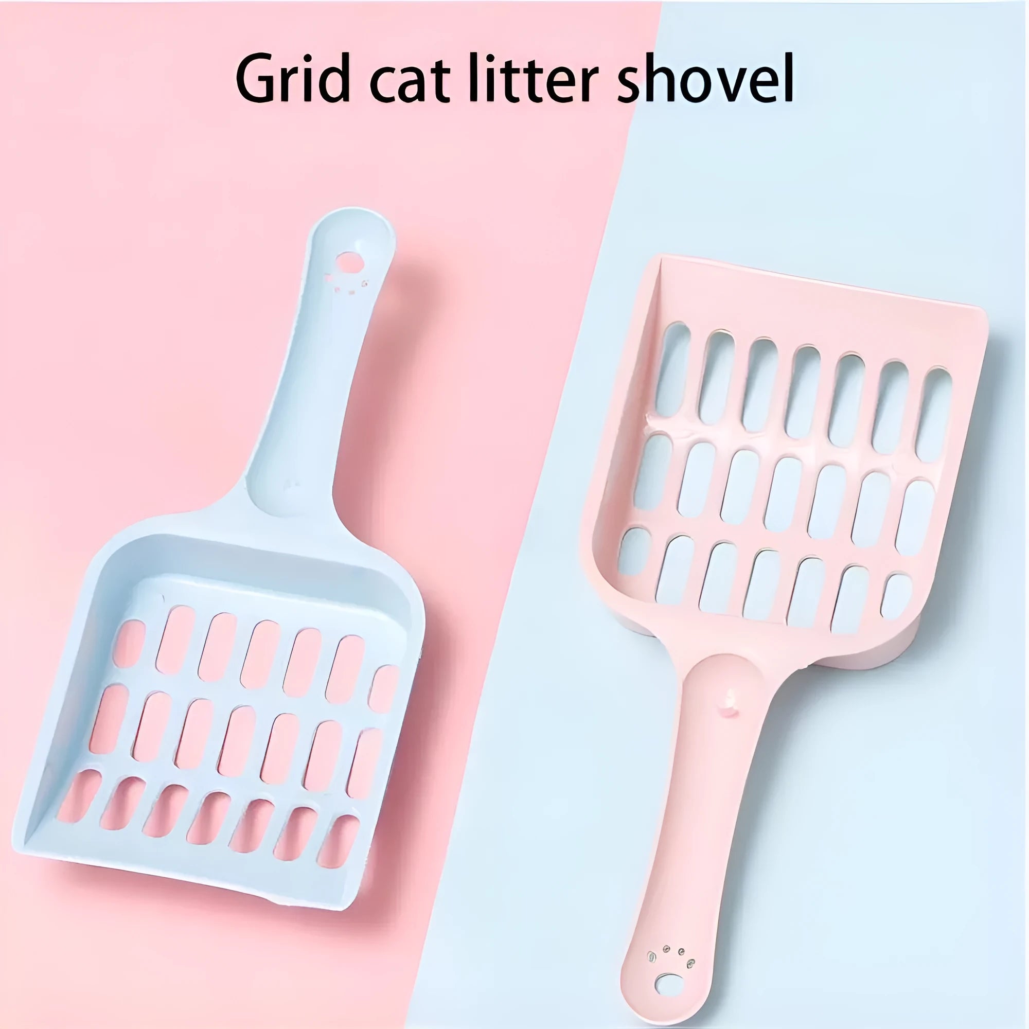 Blue plastic cat litter scoop on a white background showing its 20cm length.