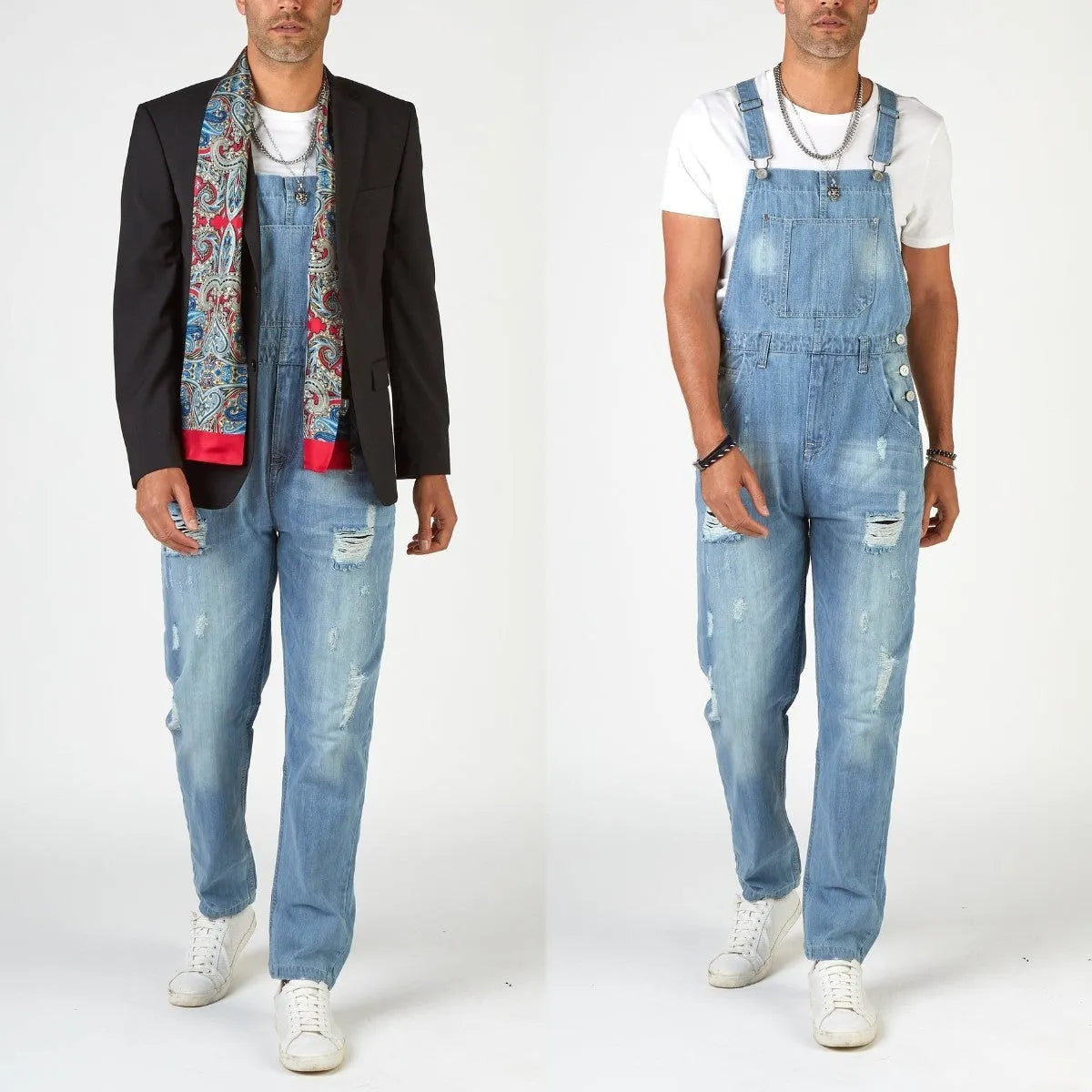 Men's high waist ripped suspender jeans in light blue polyester denim with button fly