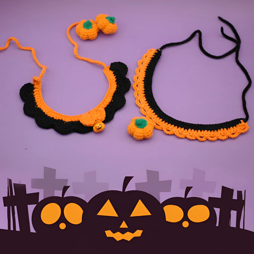 Hand crocheted wool pet collar in Bell Pumpkin colour on a cat, adjustable size for Halloween