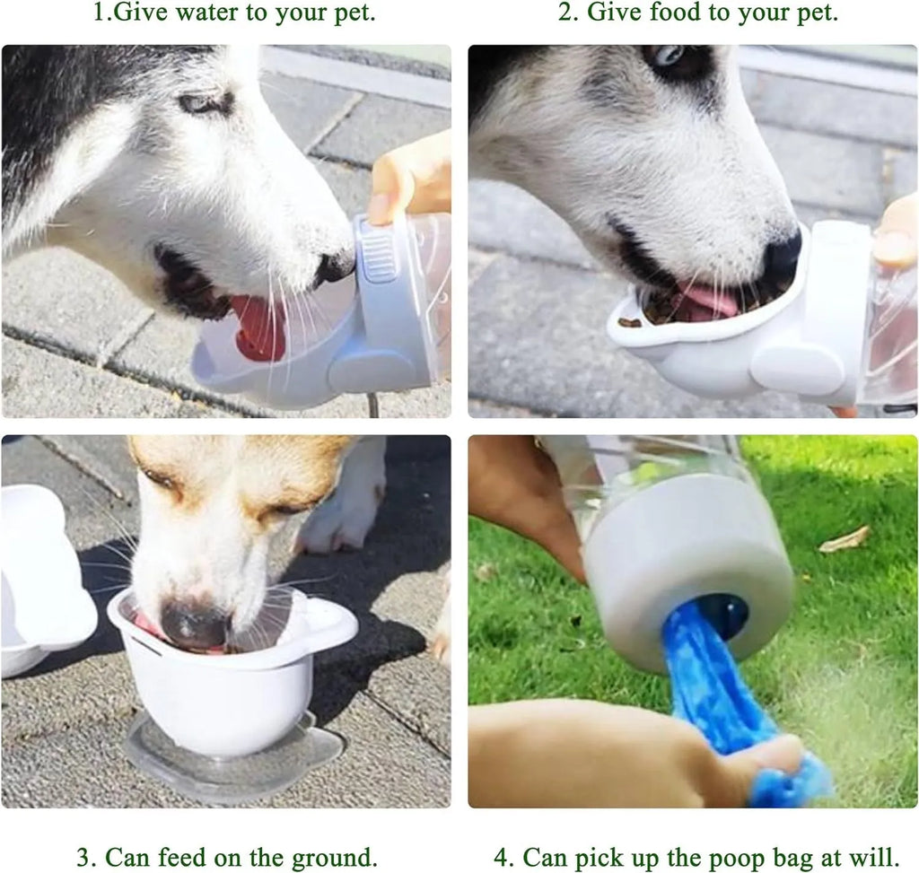Green 3-in-1 portable pet water bottle with food container and strap, showing rotary switch and bowl.