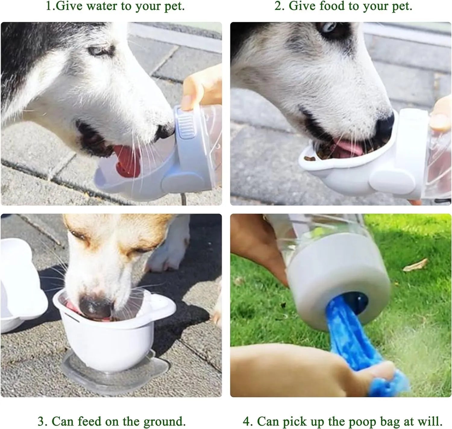 Green 3-in-1 portable pet water bottle with food container and strap, showing rotary switch and bowl.