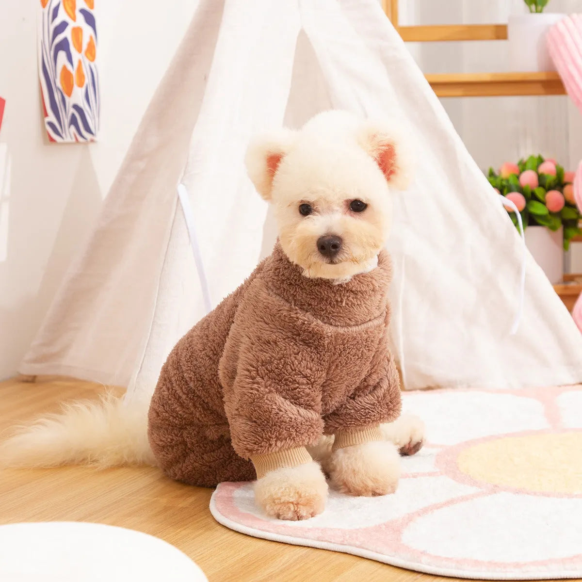 Blue four-legged dog coat made of thick plush cotton velvet with a high collar and towing ring.