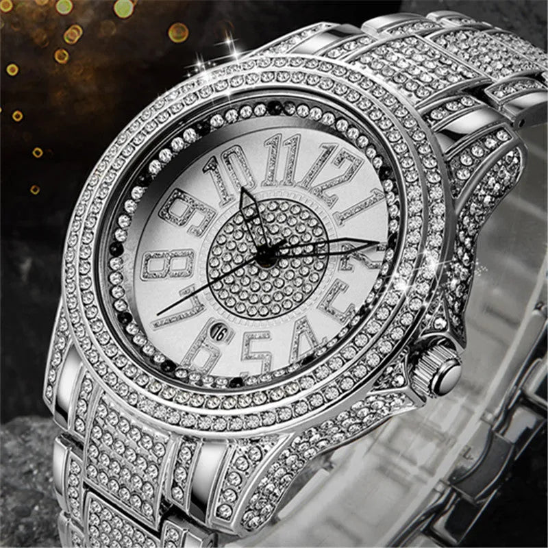 Men's alloy strap quartz date watch in black with 47mm case and diamond detailing