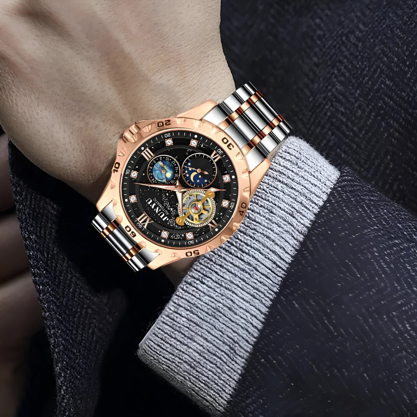 Men's waterproof automatic mechanical watch with luminous hands in rose gold black starry sky face option