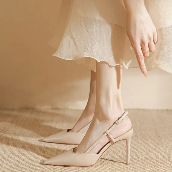 Women's apricot one line buckle toe high-heeled sandals with thin belt and buckle, rubber sole, sizes 34-39