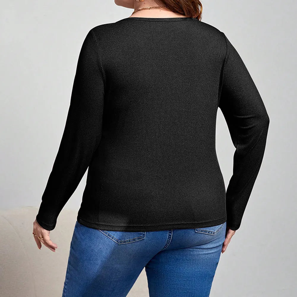 Women's slim-fit black long-sleeved top with delicate hollow-out design, plus size 1XL to 3XL