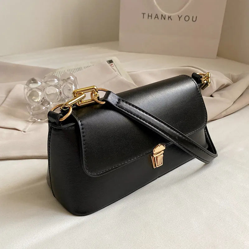French casual western style PU underarm bag with shoulder chain, horizontal square shape, sandwich pocket, street-trend sewing thread detail
