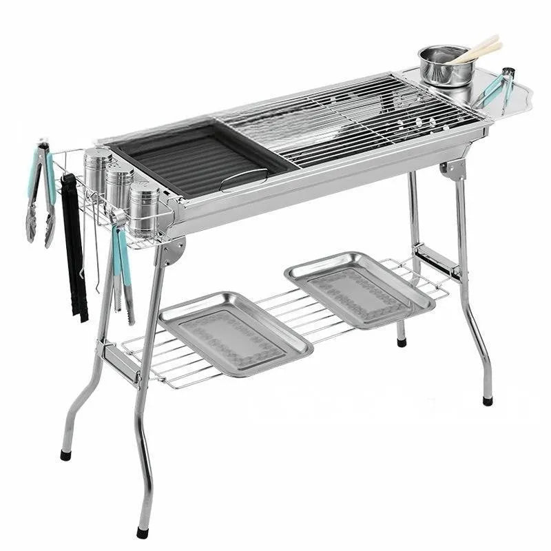 Stainless steel portable folding barbecue grill with dimensions 73x33.5x70cm.