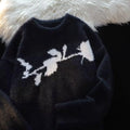 American dark rose flocking horse sweater for men, long sleeve pullover in black, cotton blend fabric