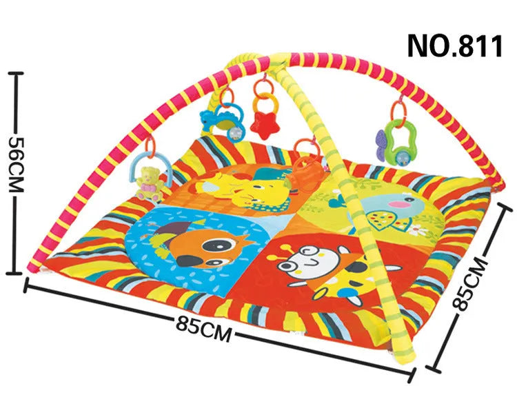 Velvet baby gymnastic blanket with animal pattern used as a crawling carpet and interactive toy.