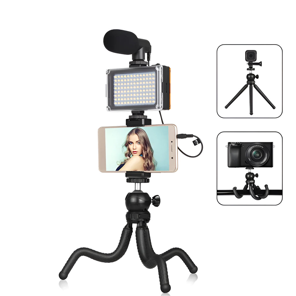 Black Octopus Tripod Live Broadcast Kit with flexible legs, fill light, and microphone on a table