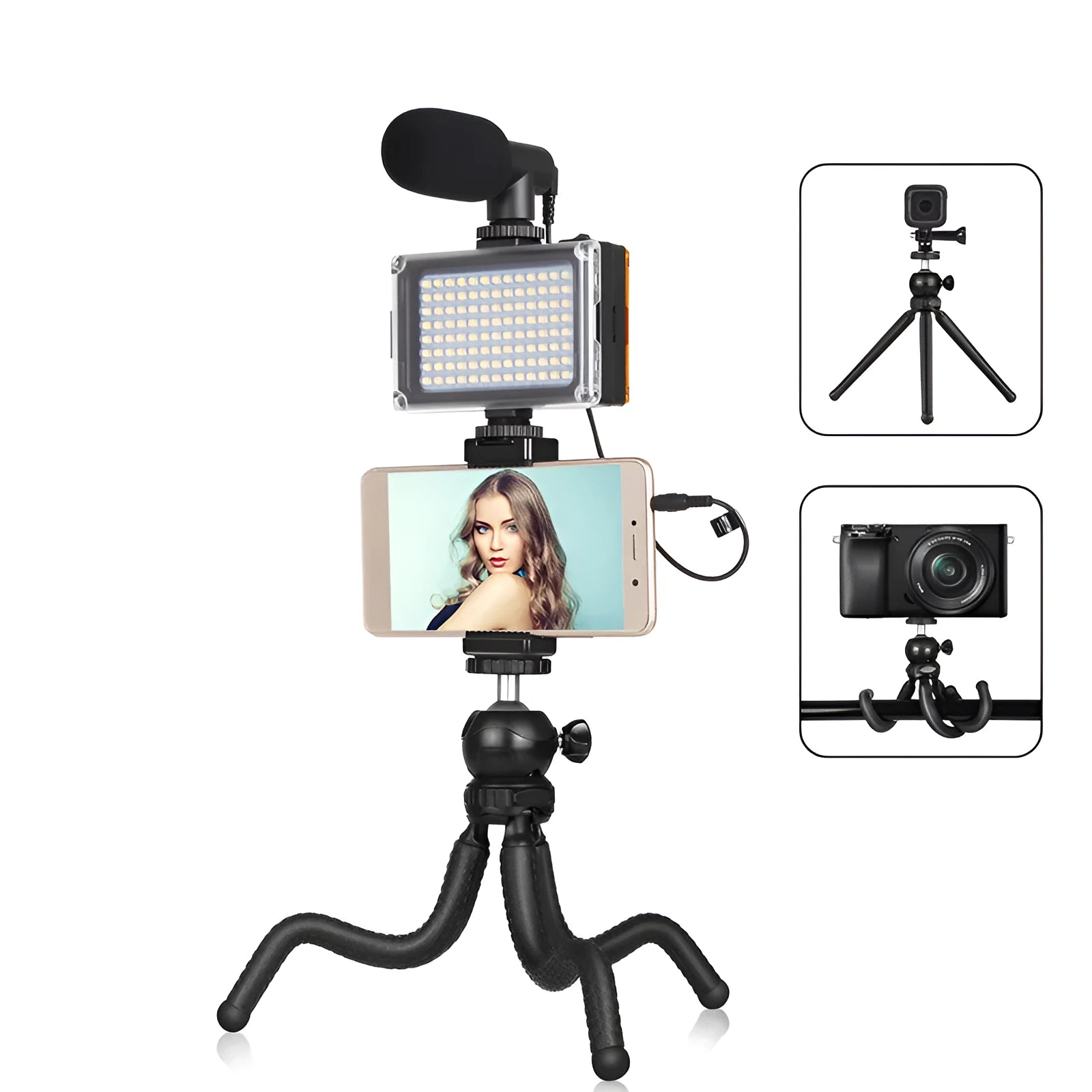 Black Octopus Tripod Live Broadcast Kit with flexible legs, fill light, and microphone on a table
