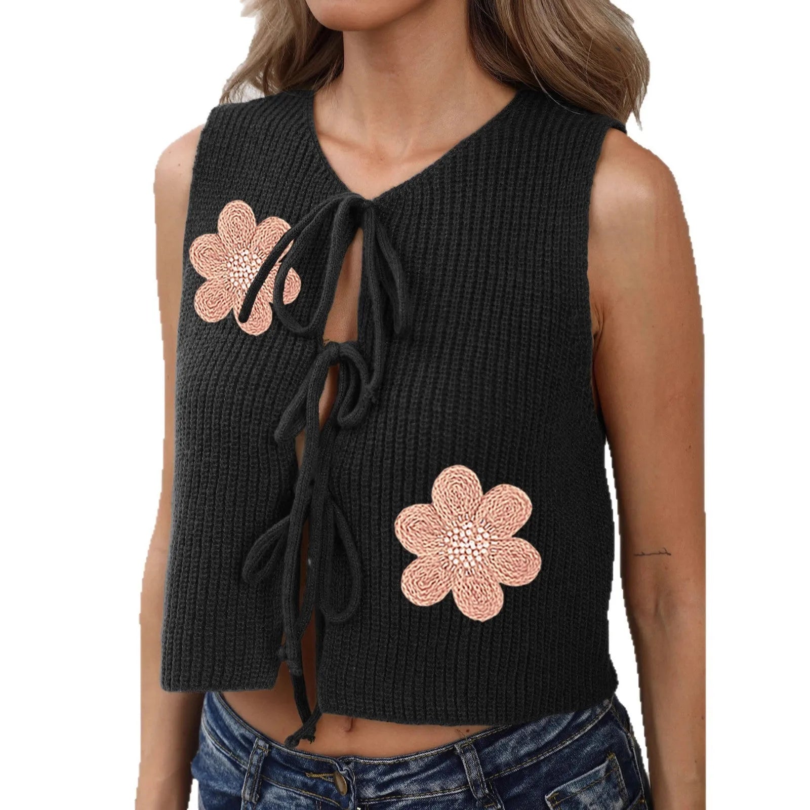 White ladies' sleeveless vest cardigan with lace-up bow front and apricot flower accents.