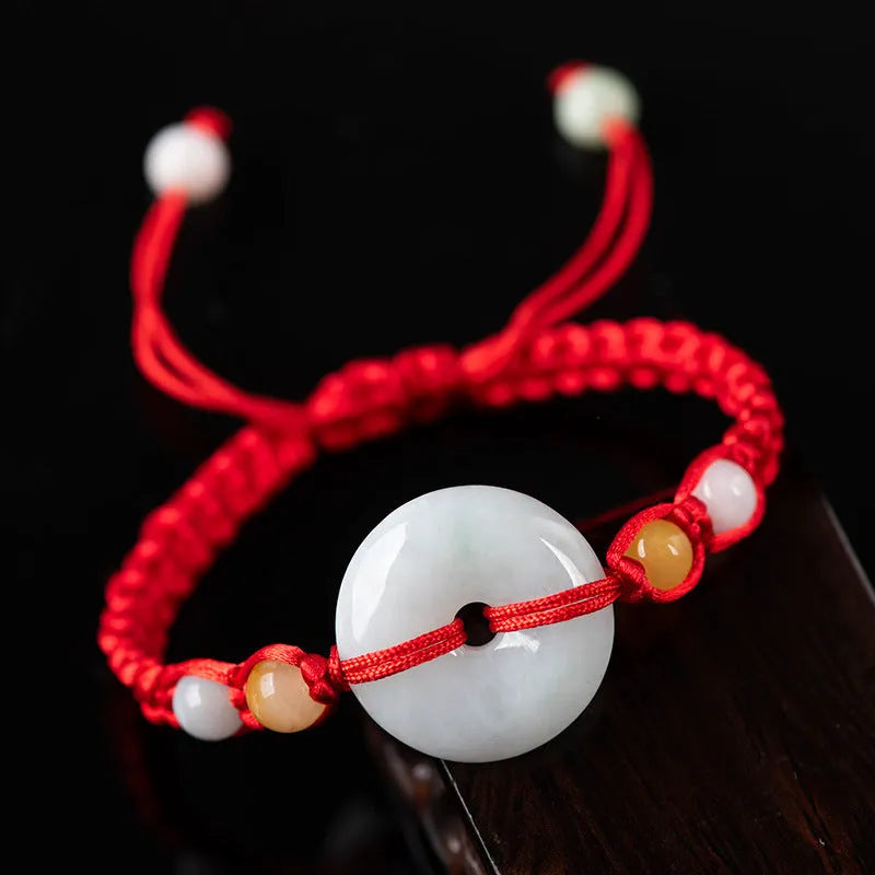 Emerald round Burma jade pendant on adjustable red rope bracelet with certificate