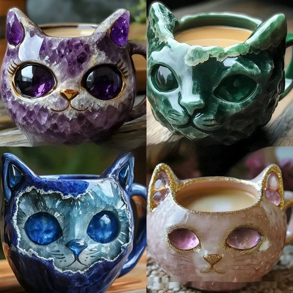 Handmade resin geode mug crystal cat cup with purple blue green pink colours