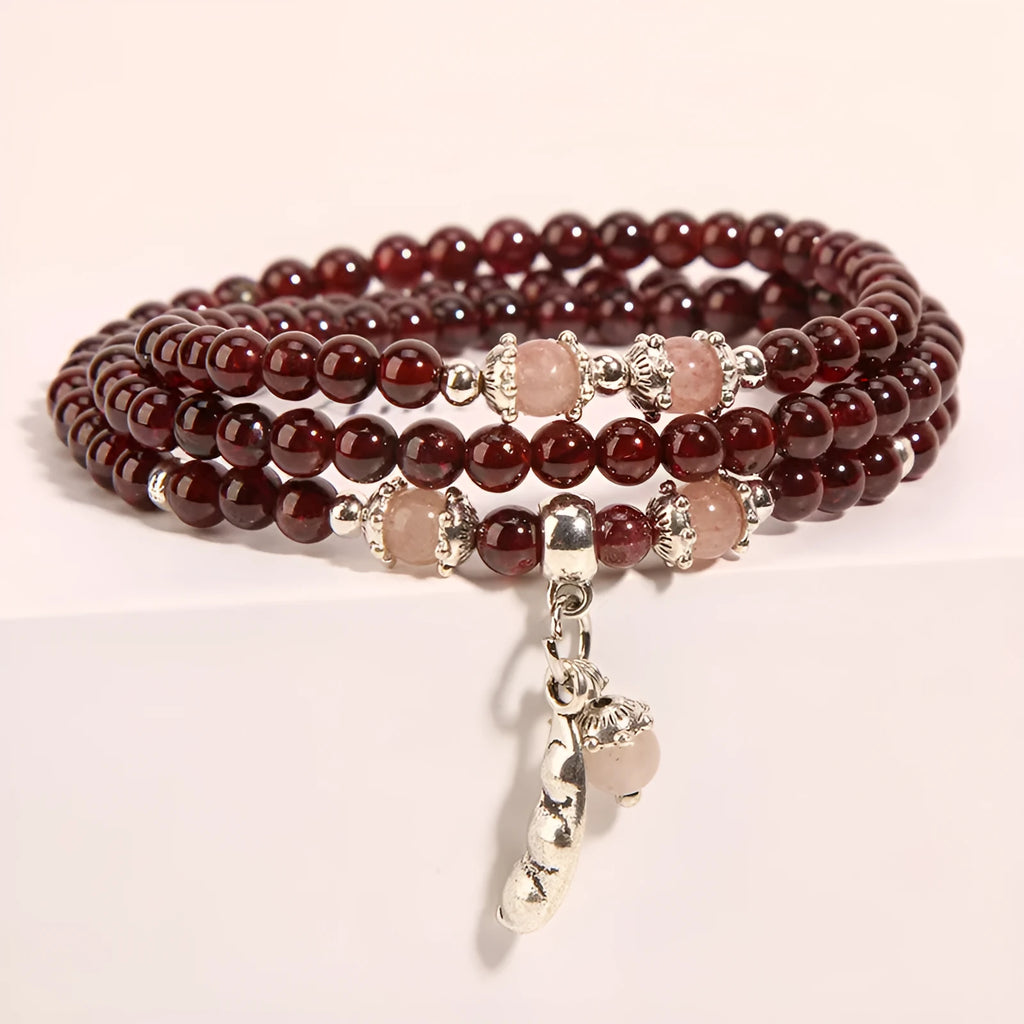 Wine red garnet crystal bracelet with flower-shaped beads on a single strand for women's natural jewellery