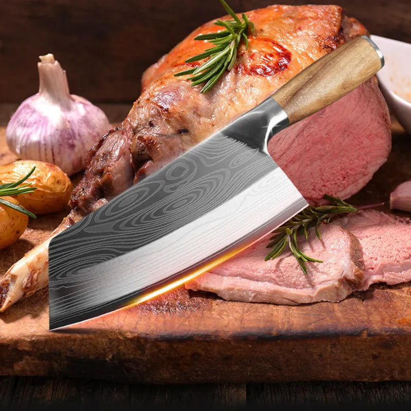 320mm stainless steel kitchen knife with forged blade showing measurements and steel type