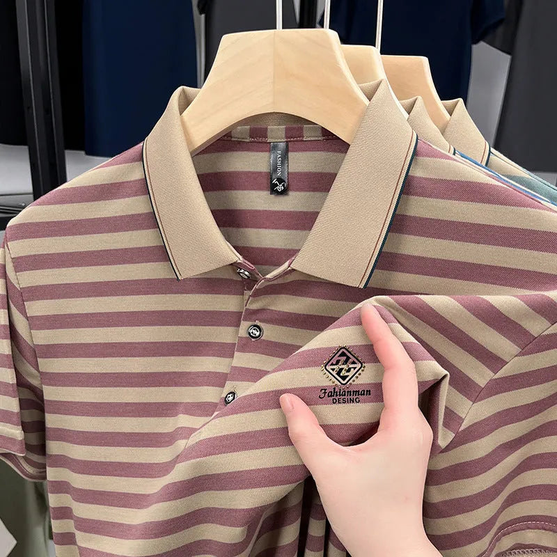 Men's striped short sleeve casual top in polyester with mosaic pattern, shown in blue colour.