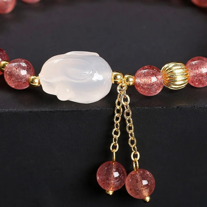 Strawberry quartz agate white rabbit bracelet with round 6mm beads handmade sweet style for women