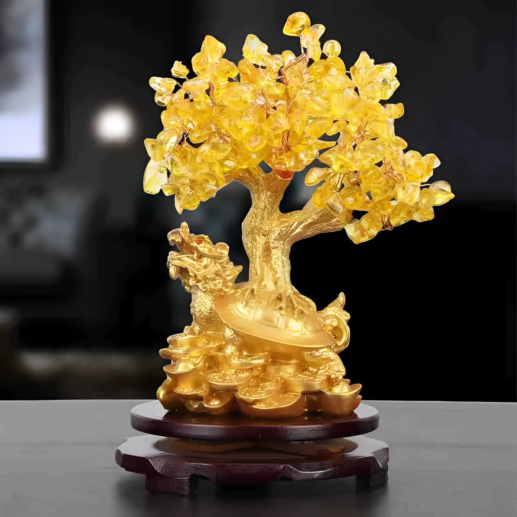 Citrine resin Feng Shui money tree ornament with small water turtle design measuring 18x11x23cm