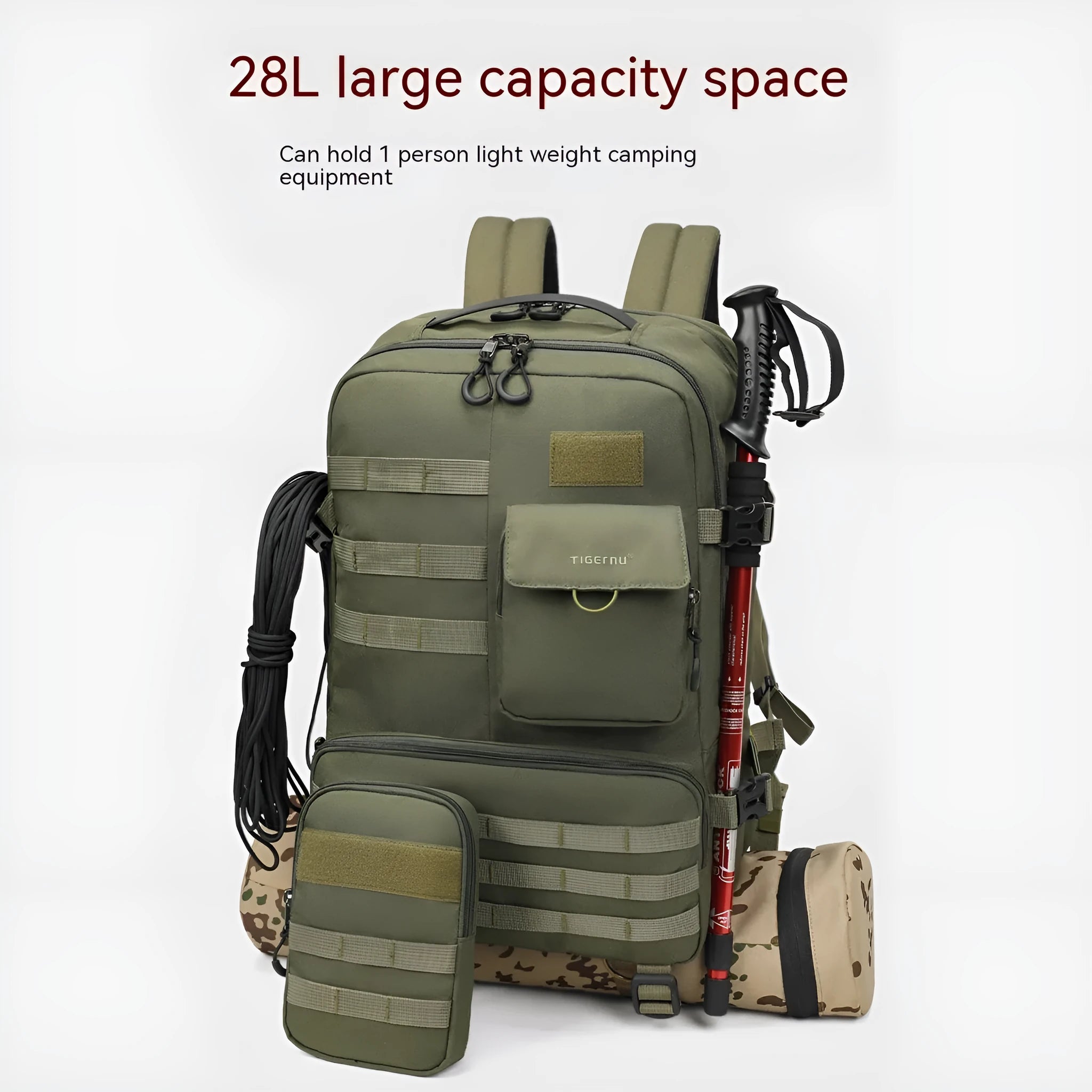 Army Green tactical waterproof backpack showing 17-inch laptop sleeve and wear-resistant nylon construction.