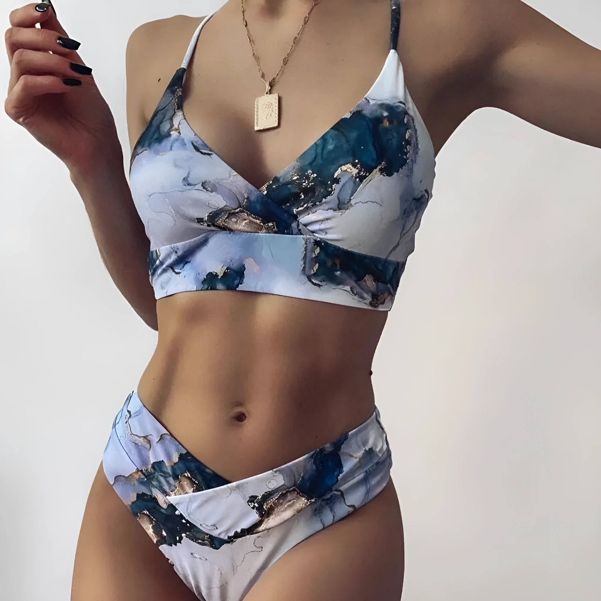 Women's marble tie-dye high-waist separated swimwear bikini with U-neck top