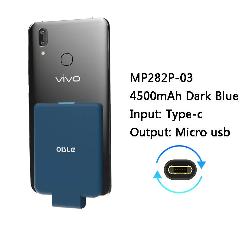 4500mAh back clip battery for iPhone Android Type-C in black, compact size 90mm x 61mm x 9mm