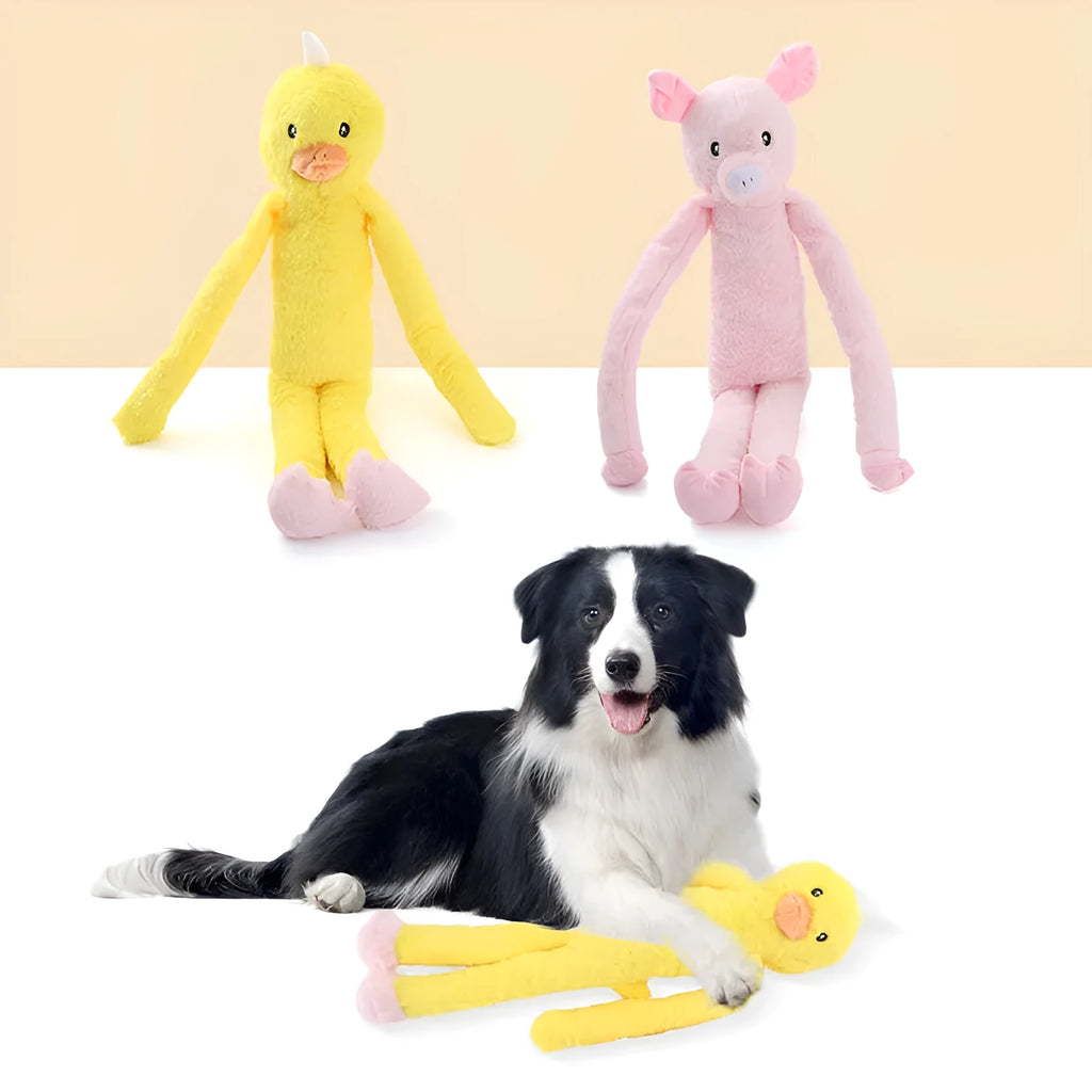 Pink and yellow plush sounding dog toys for large dogs like Golden Retrievers with rattle and crinkle paper