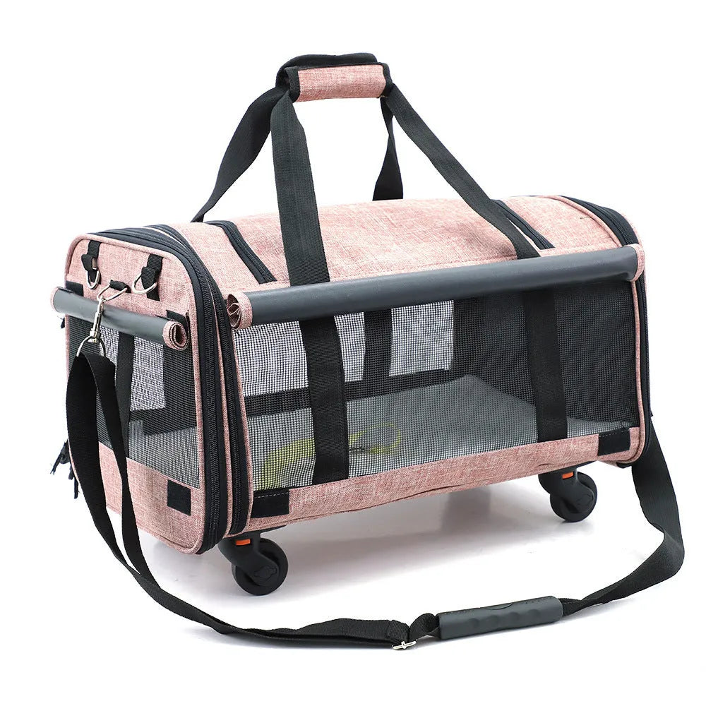 Pink folding travel cat bag with universal wheels and solid bottom, 60cm by 38cm by 32cm