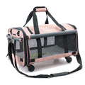 Pink folding travel cat bag with universal wheels and solid bottom, 60cm by 38cm by 32cm