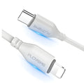 White woven nylon USB-C to Lightning cable for iPhone fast charging and data transfer