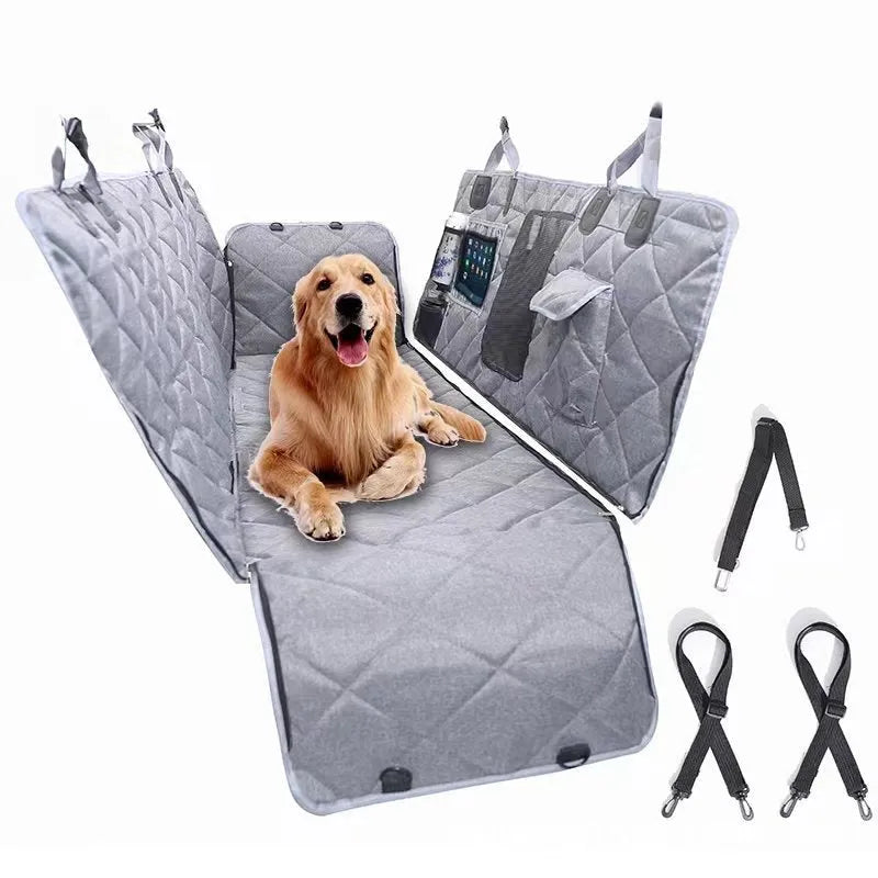 Pet car cushion in black cloth with medium mesh on a car seat for dogs