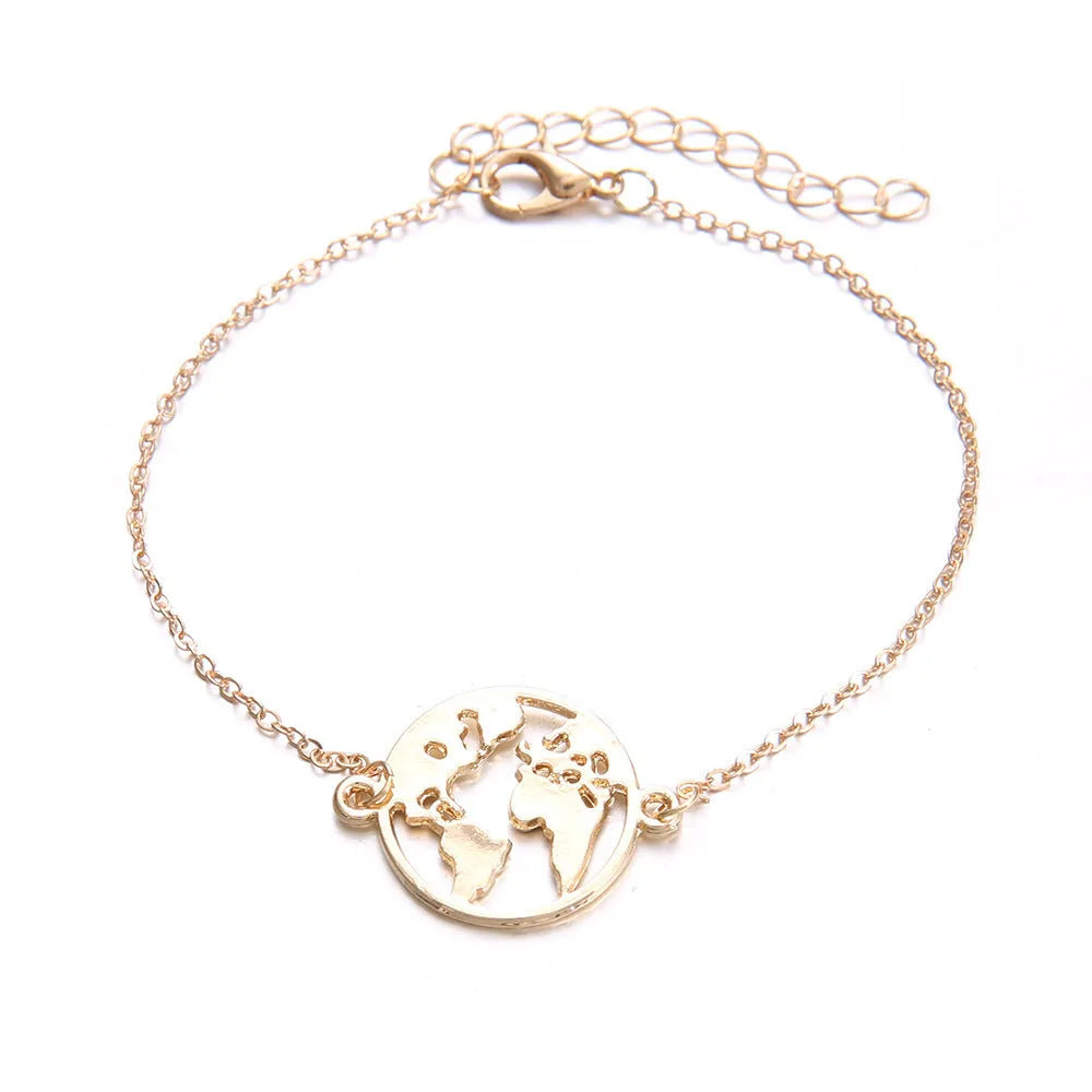 Three identical women's alloy charm bracelets with heart-shaped aircraft map charm on a white background.