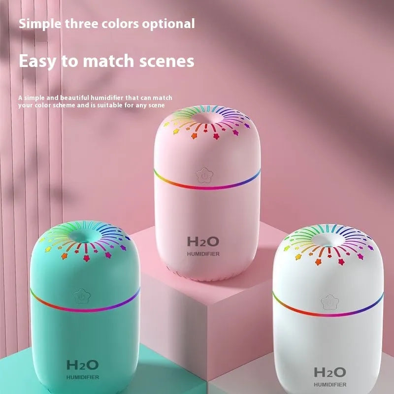 White USB mini humidifier with 300ml water tank on a desk next to a laptop