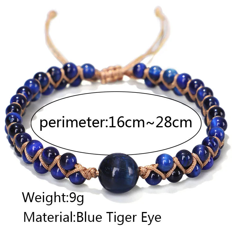Handmade woven geometric pull bracelet with blue Tigereye stone beads on a wrist.