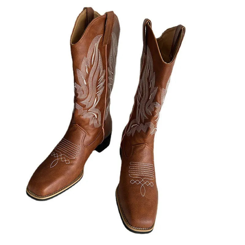 Brown women's embroidered mid-calf boots with leather lining and square heel