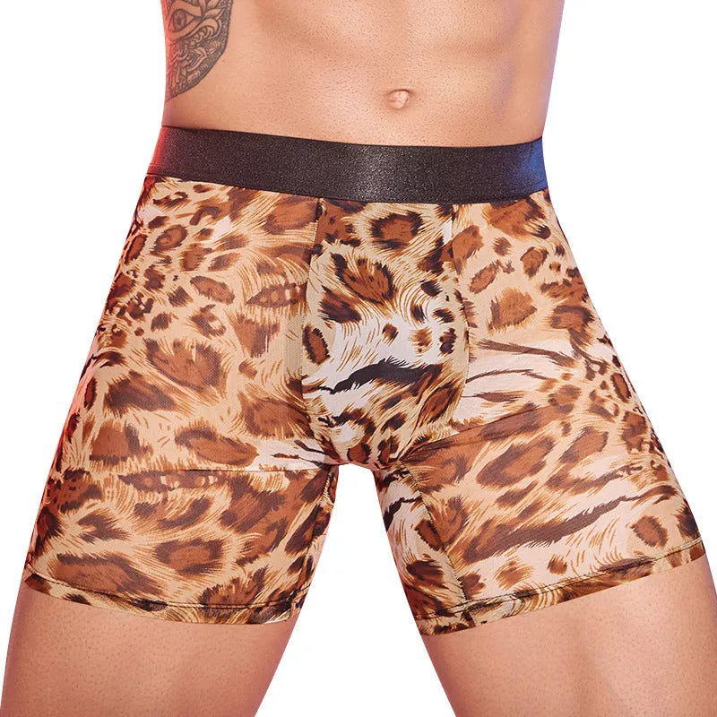 Men's leopard print boxer shorts showing animal pattern on nylon fabric