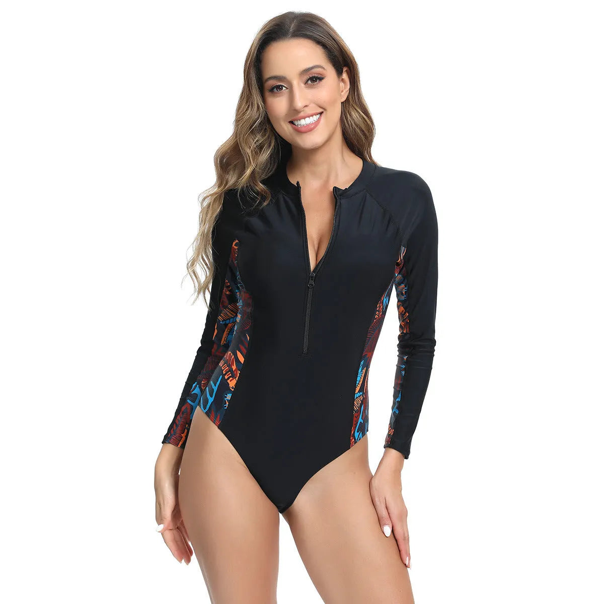 Women's one-piece printed long-sleeve swimsuit in floral colour, tight triangle fit, polyester fibre