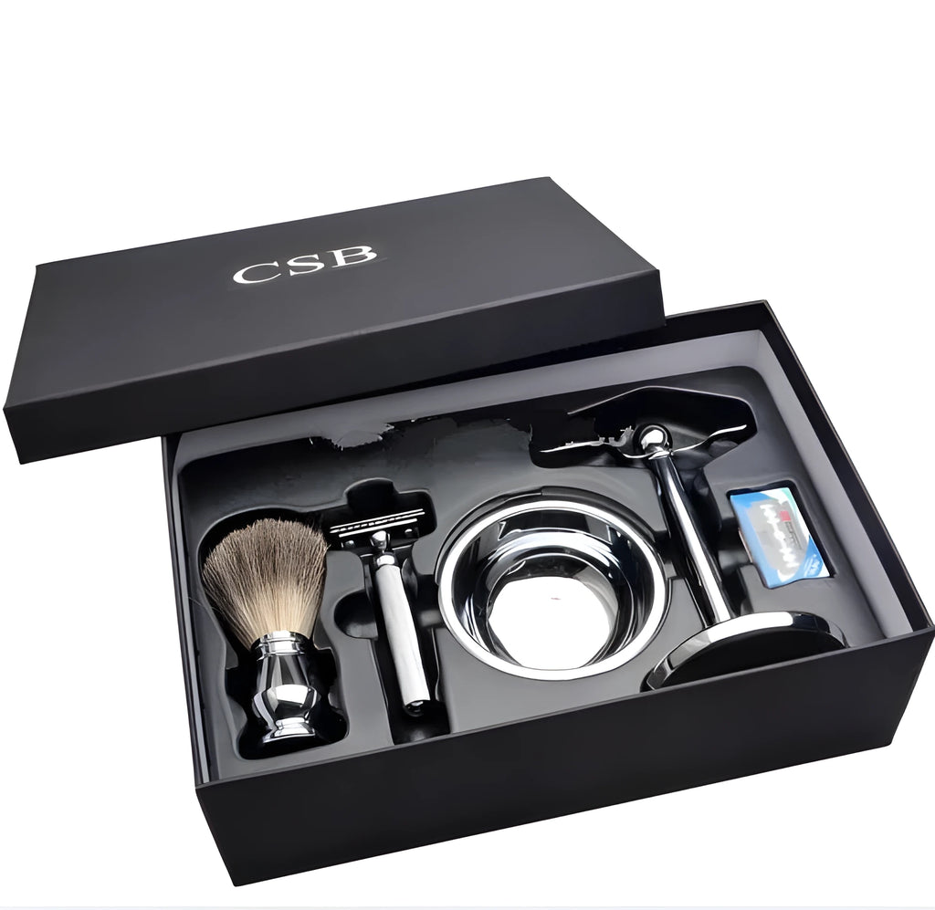 CSB men's shaving set with badger hair brush, chrome safety razor, stand, zinc alloy bowl, and blades in black box.