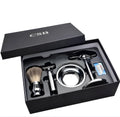 CSB men's shaving set with badger hair brush, chrome safety razor, stand, zinc alloy bowl, and blades in black box.