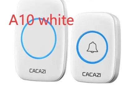 Wireless doorbell system with plug-in receiver and battery-powered transmitter showing colour options