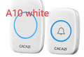 Wireless doorbell system with plug-in receiver and battery-powered transmitter showing colour options