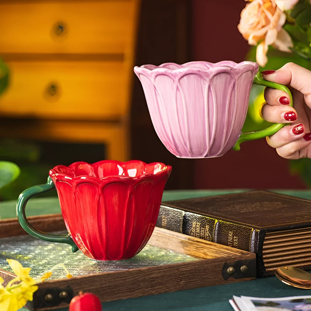 Ceramic breakfast cup with floral pattern in pastoral style, 500ml capacity