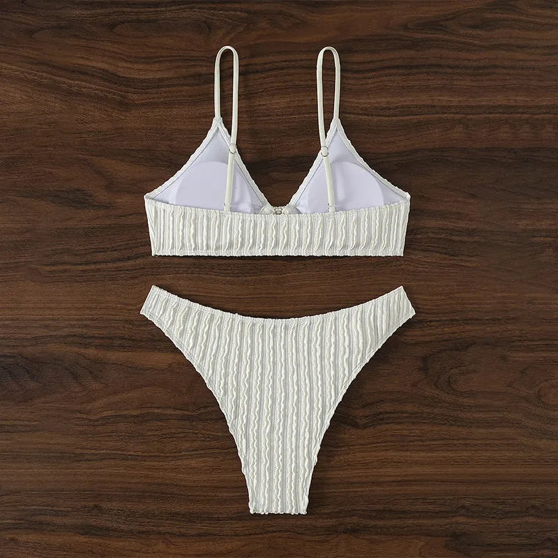 White women's V-neck beach split swimsuit with sleeveless top and matching shorts