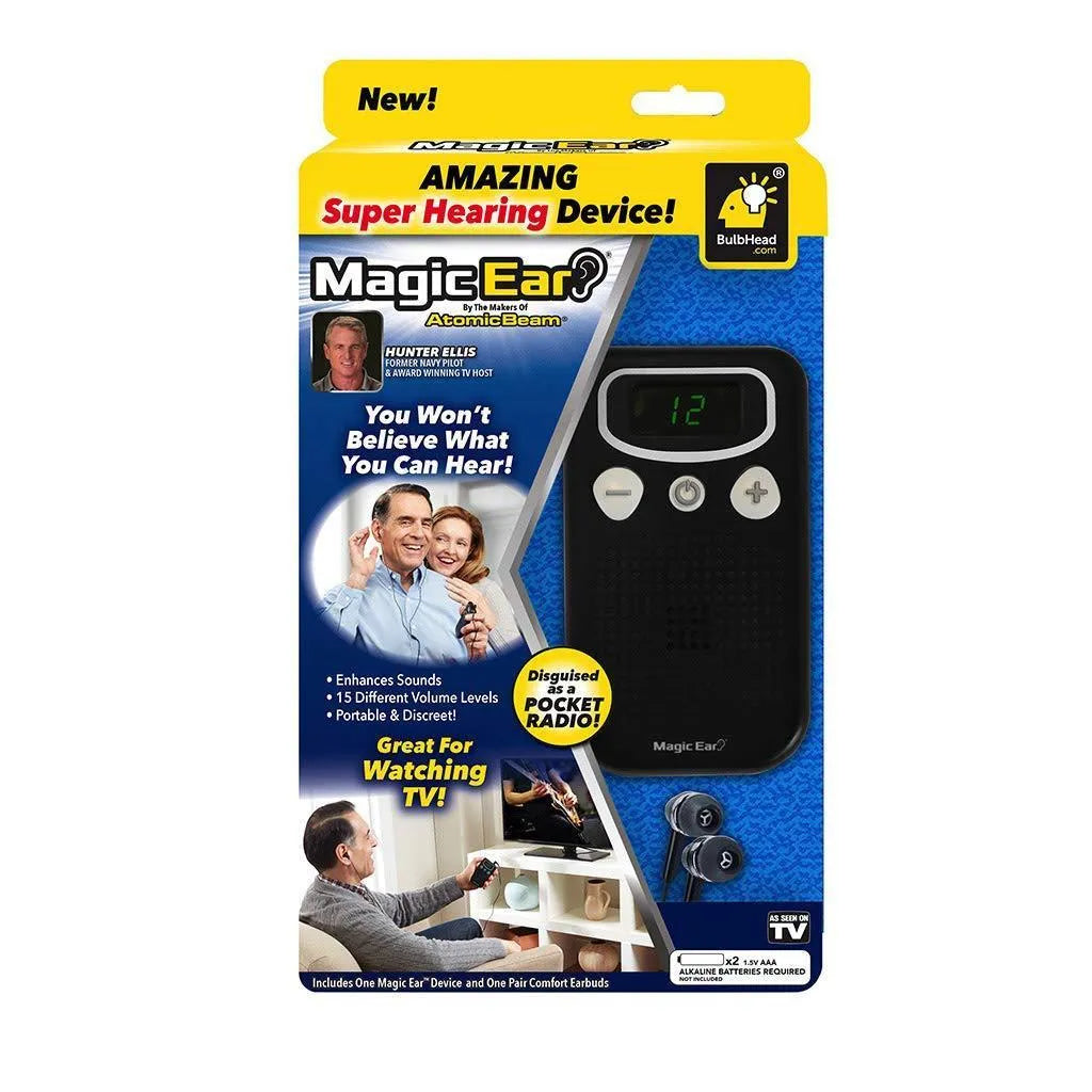 Bright-coloured personal voice amplifier with digital display and handheld FM radio design