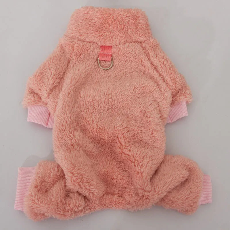 Blue four-legged dog coat made of thick plush cotton velvet with a high collar and towing ring.