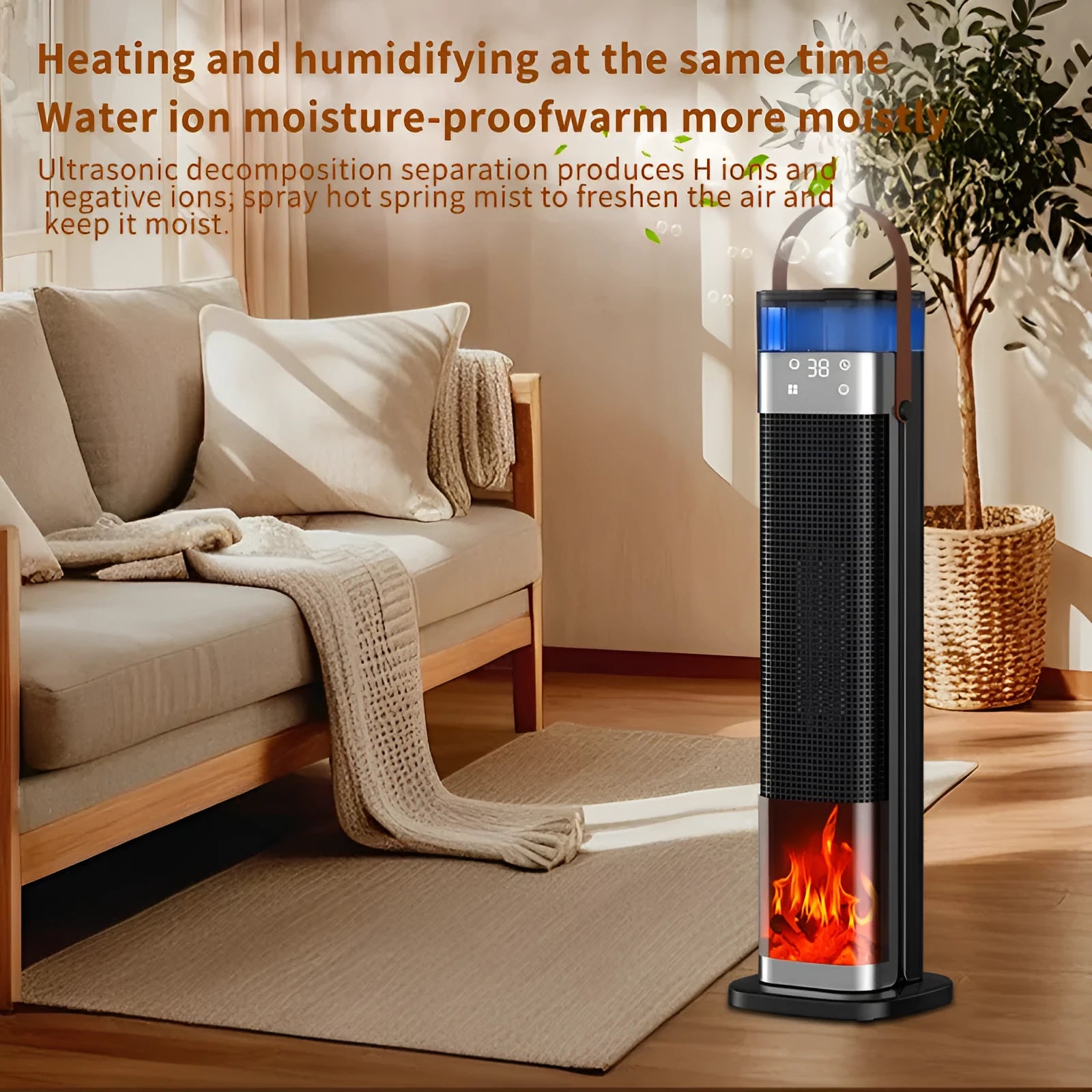Vertical ceramic heater with humidifier and remote control on a floor