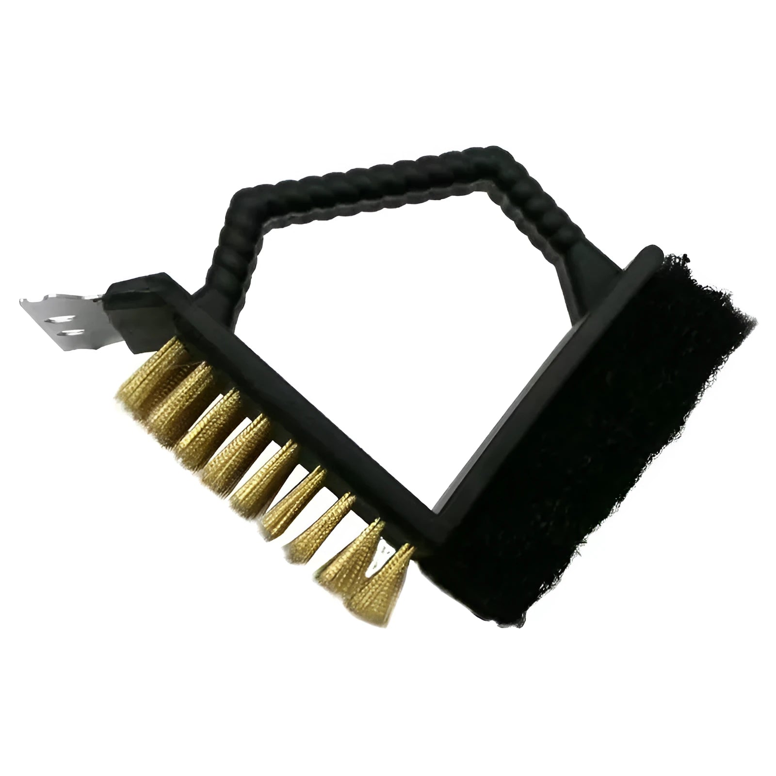 Triangular barbecue cleaning brush with stainless steel bristles and black plastic handle