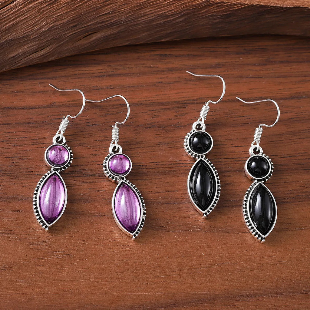 Vintage geometric zinc alloy earrings with electroplated black and purple finish and round decorative elements