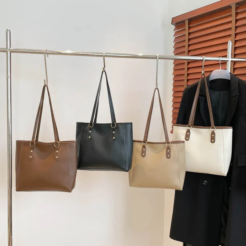 Korean style square PU leather shoulder underarm bag in neutral colours, showing sandwich pocket detail.